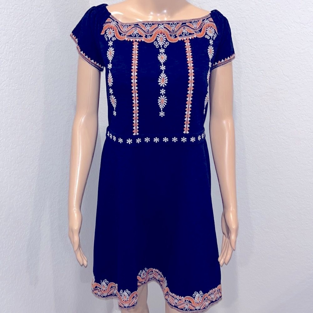Tory Burch Navy and Coral Embroidered Dress - Picture 2 of 8